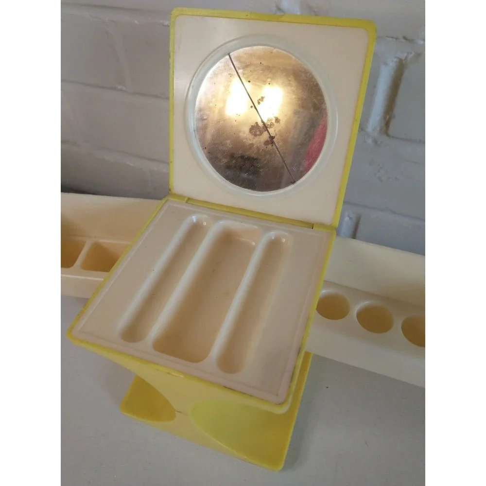 Vintage Make Up Organizer Cube Lipstick Holder Yellow Retro Case
